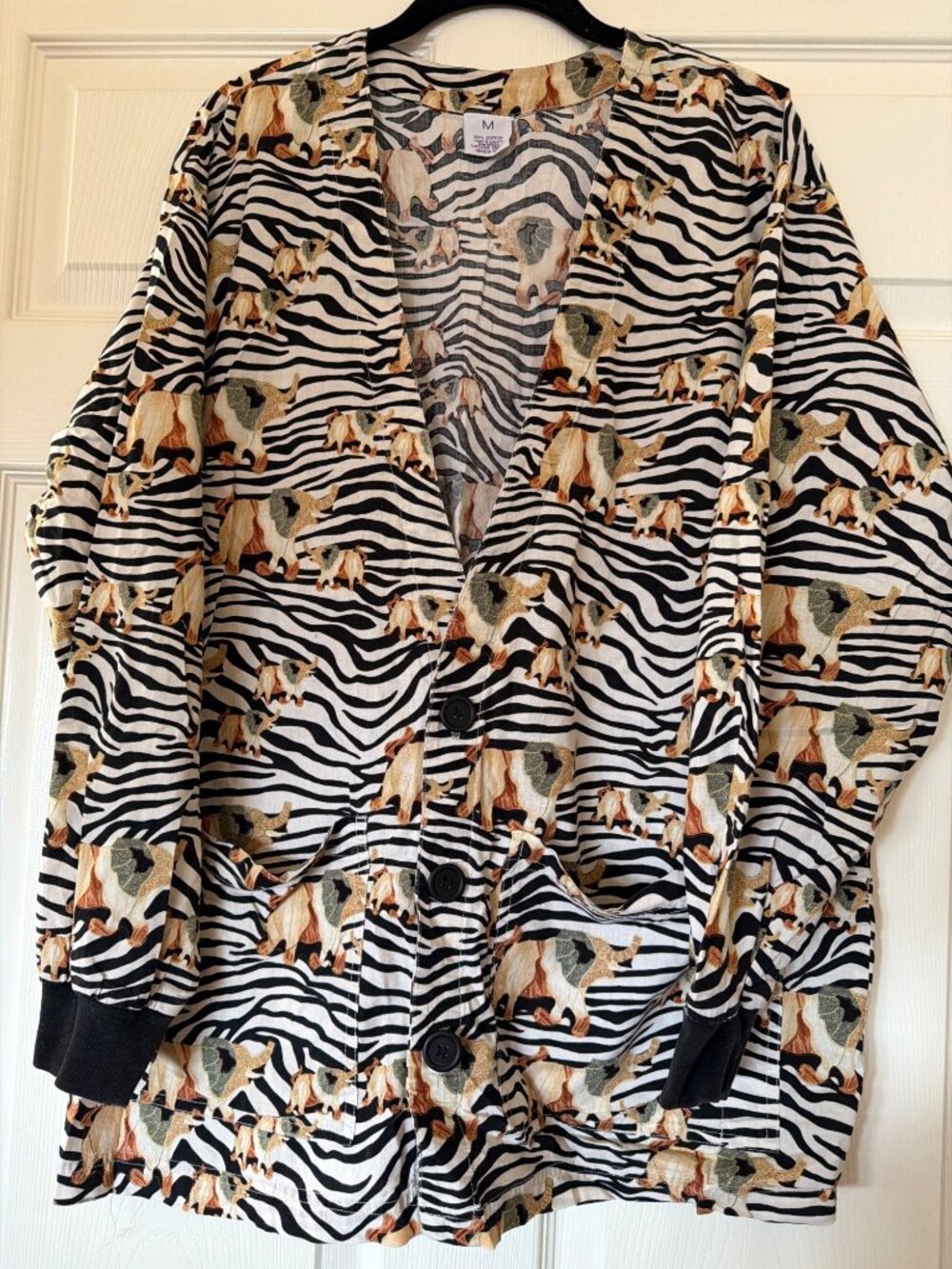 S.C.R.U.B.S. Zebra & Dog Print Button-Up Cardigan 100% Cotton Size M Made In Mex